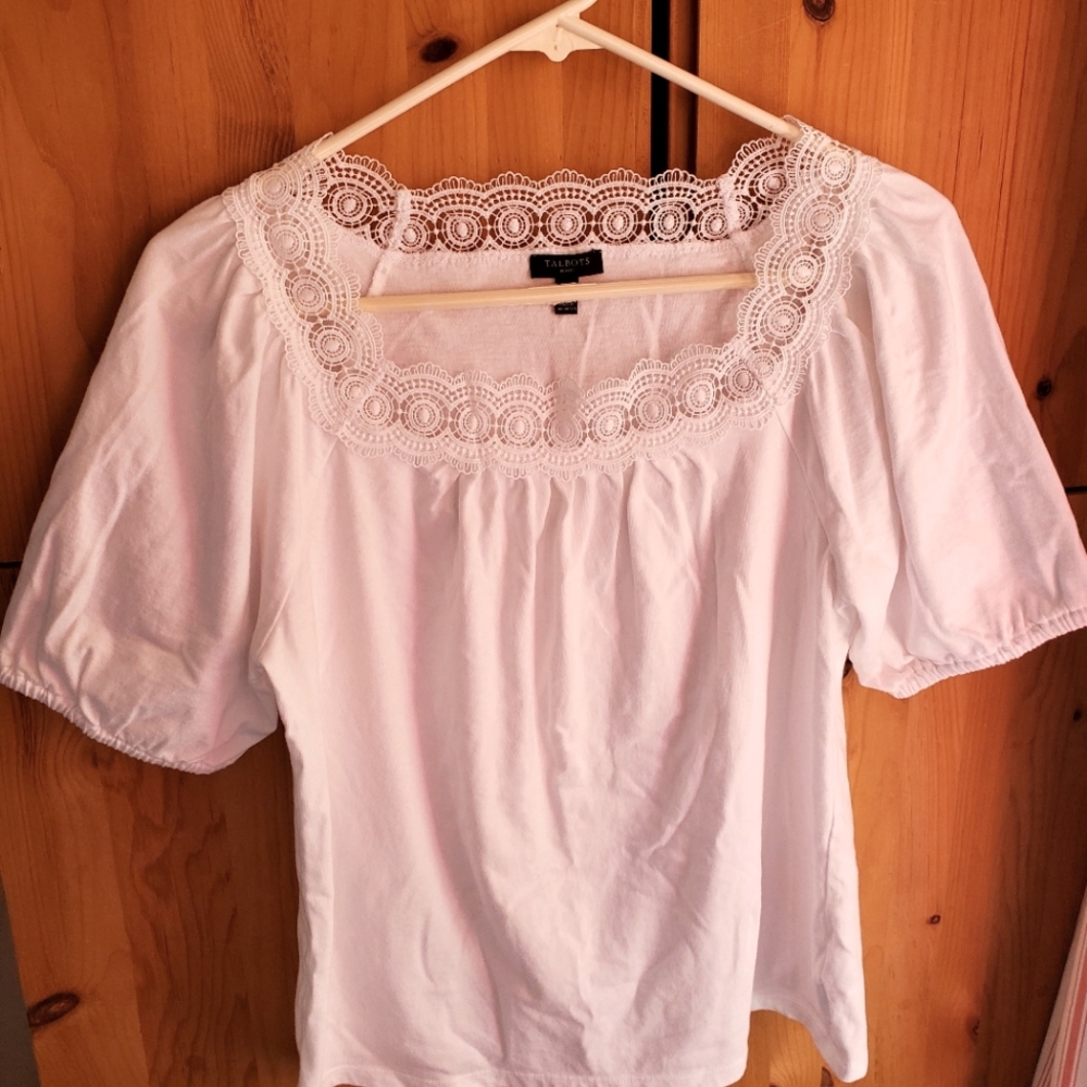 Talbots Women's White Square Neck Lace Trimmed Tee with Puffed Sleeves Size SP